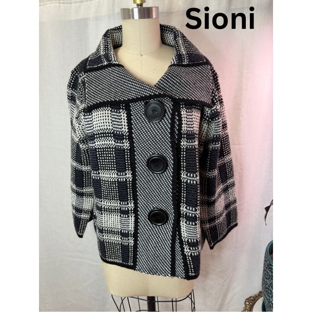 Sioni Black White Plaid Knit Button Front Jacket Sweater Coatigan Size M